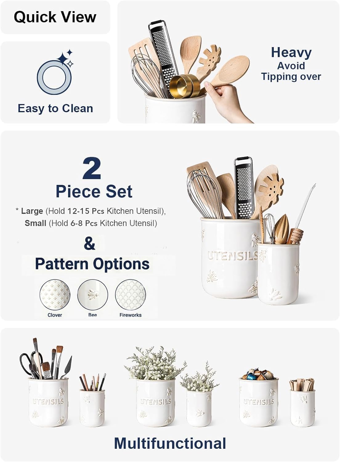 LE TAUCI Kitchen Utensil Holder Set of 2 - 6.9"+5.3" Large Ceramic Cooking Utensil Crock & Organizer for Spatula, Spoon, Whisk - Farmhouse Countertop Storage, Arctic White, Embossed, Bee