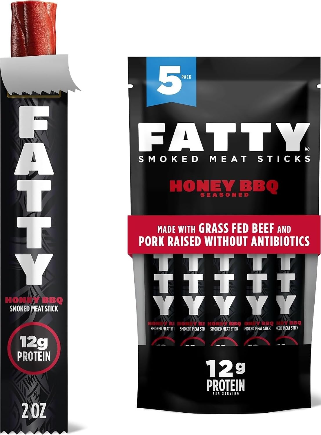 Grass Fed Beef and Pork Meat Sticks, 12g Protein, Honey BBQ, 2 oz, Pack of 5