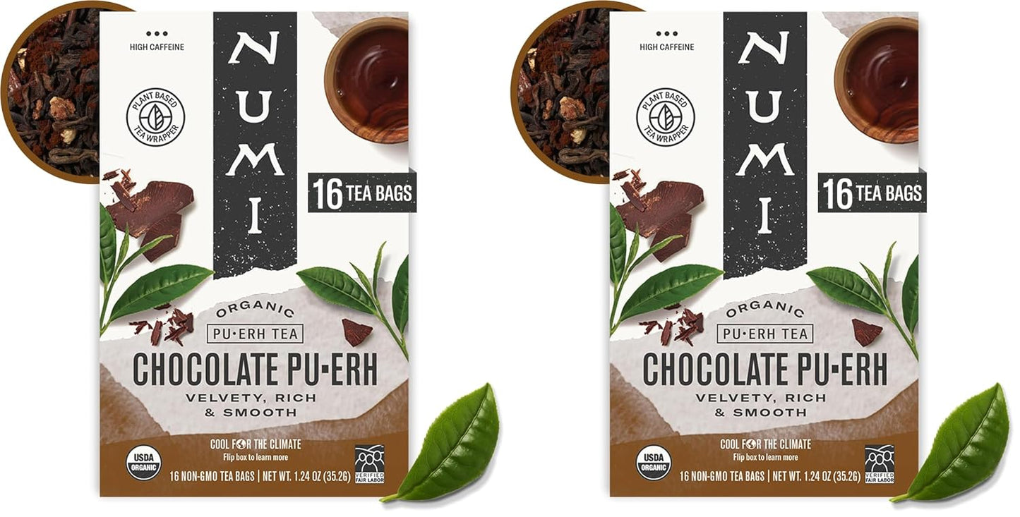 Numi Organic Chocolate Pu-erh Tea, 16 Dark Tea Bags, Aged Yunnan Pu-erh Tea with Cocoa