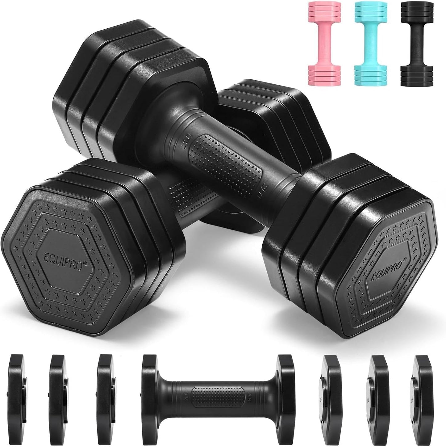 EQUIPRO Adjustable Dumbbell Set for Women, 2lb-5lb Free Weights with Soft Rubber Handle