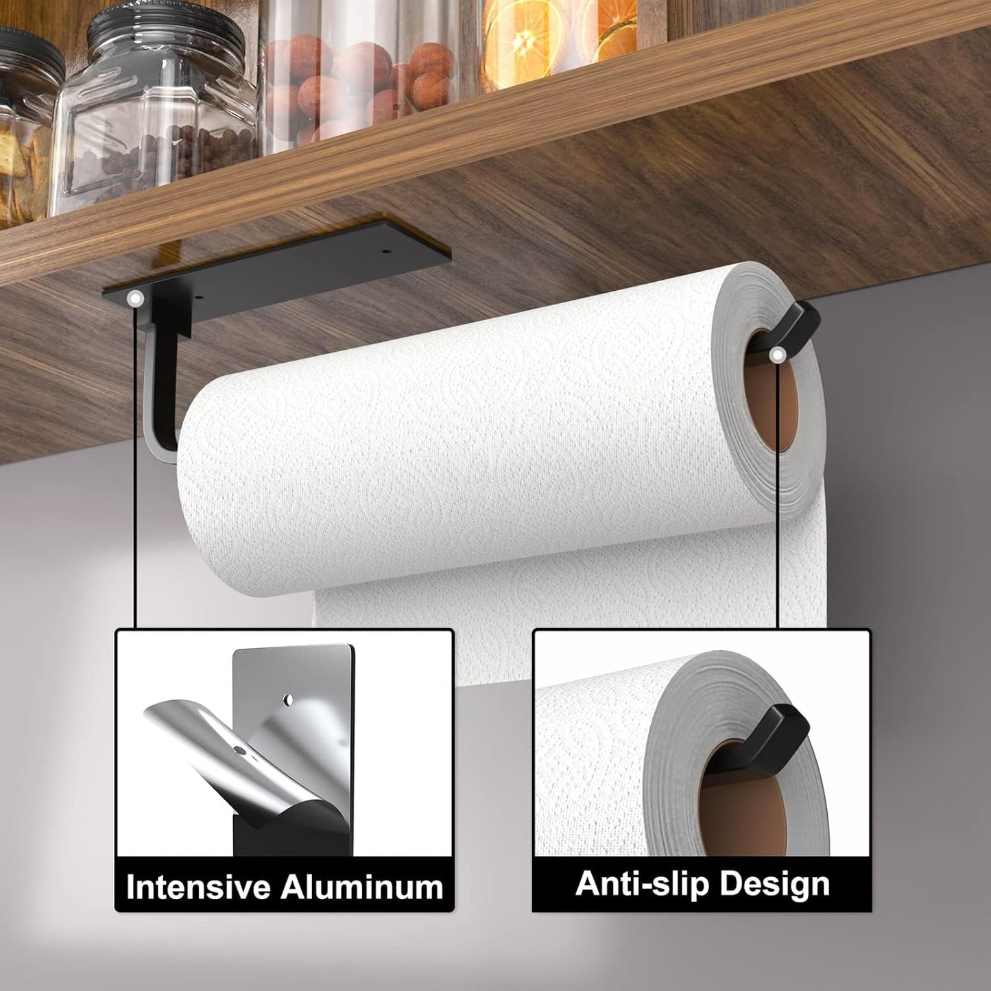 Paper Towel Holder - Self-Adhesive or Drilling, Matte Black | Under-Cabinet or Wall-Mounted | Kitchen Roll Dispenser | Upgraded Aluminum | Lighter Yet Stronger Than Stainless Steel