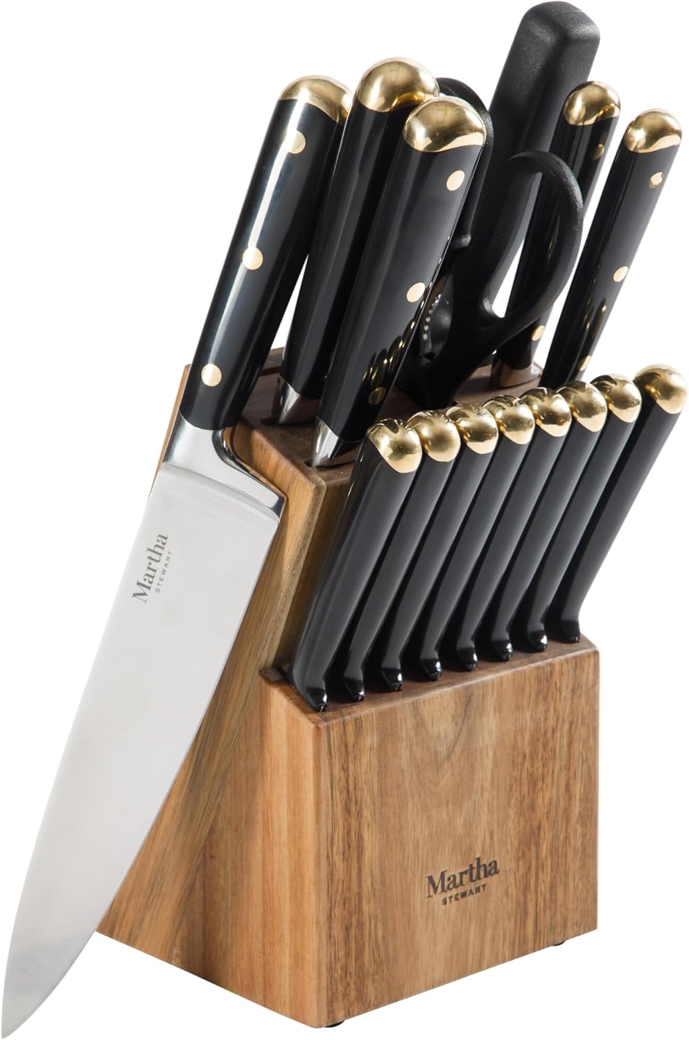 Martha Stewart Knife Block Set 16-Piece - Lockton High Carbon Stainless Steel Forged Full Tang Chef Knives, Acacia Wood Block, Triple Riveted Handles, Linen White & Gold