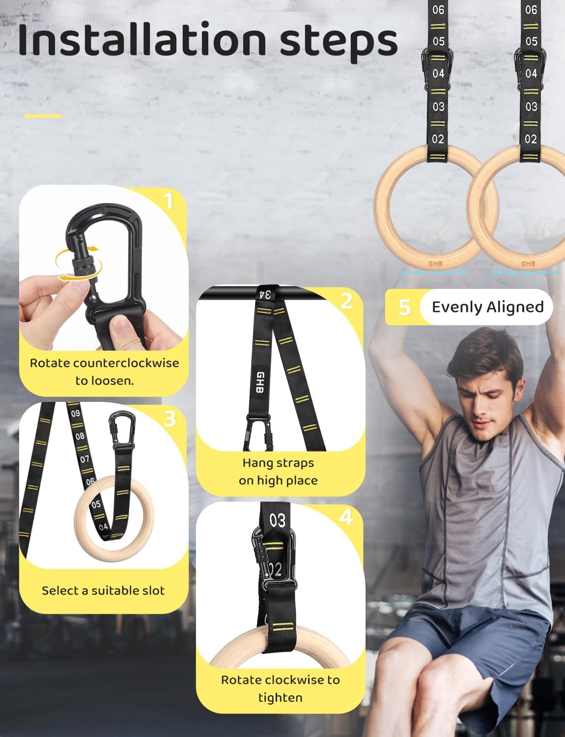 GHB 1.25" Olympic Rings Wooden Gymnastic Rings - Adjustable Straps, Workout Rings for Bodyweight Fitness