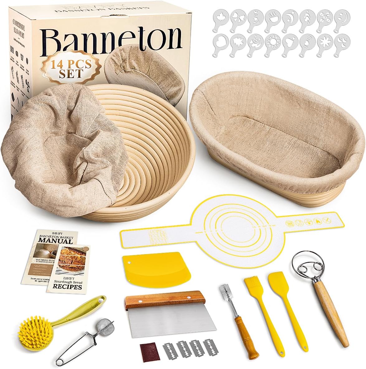 BAVIFY Sourdough Starter Kit, Banneton Bread Proofing Baskets Set | Complete Sourdough Bread Baking Supplies, Beginner Friendly Bread Making Kit, 9 in Round and 10 in Oval Rattan Banneton