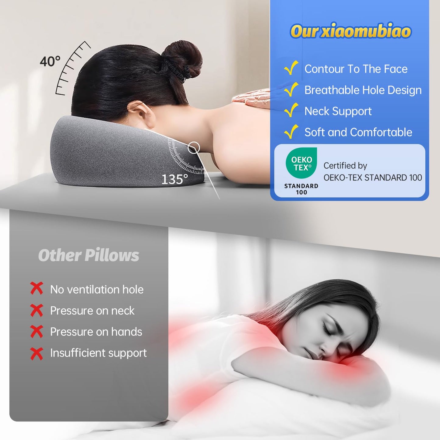 xiaomubiao face down pillows for massage table and stomach sleeping grey