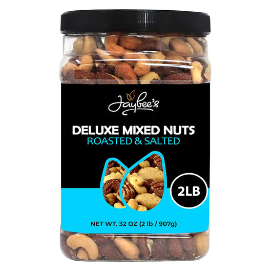 Mixed Nuts Deluxe - Roasted & Salted Variety Snack Mix with Cashews, Almonds, Brazil Nuts, Pecans, Hazelnuts in 32 oz Reusable Container
