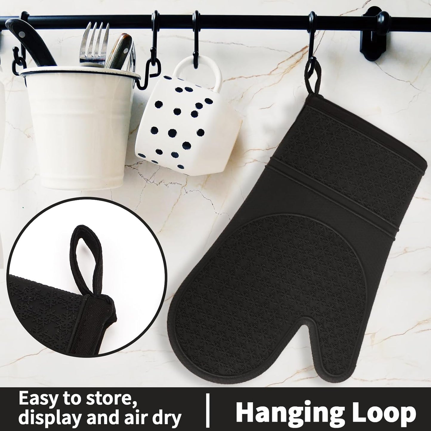 Hovico Silicone Oven Mitts, Heat Resistant 500F Kitchen Mitts 2PCS, 11.6" BPA-Free Soft Baking Gloves, Non-Slip Grip Oven Gloves with Soft Cotton Lining for Kitchen Cooking Baking BBQ - Black