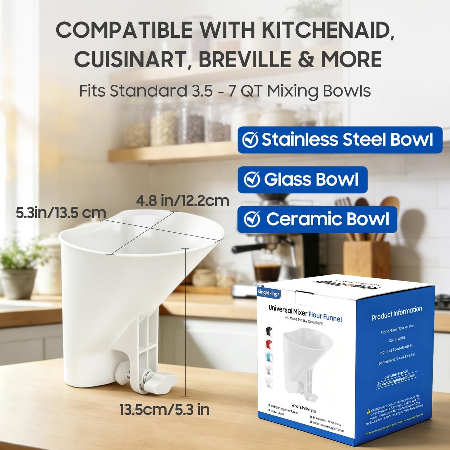 KingofKings Flour Funnel for Kitchen Aid Accessories and Attachments | White Stand Mixer Wide Pouring Chute fits KitchenAid Bowls, Pizza & Cake Prep, Baking Gift & Kitchen Gadgets, Patent Pending