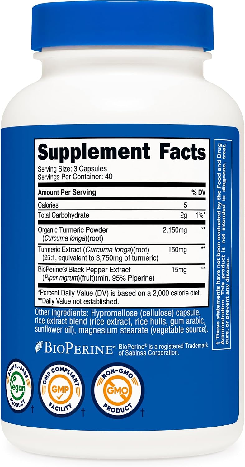 Nutricost Turmeric Curcumin with BioPerine, 2300mg, 120 Veggie Capsules, Gluten Free, Non-GMO