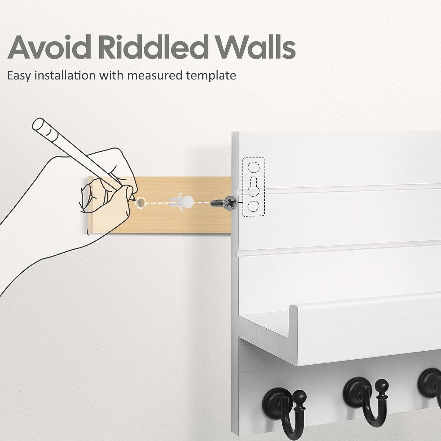 Key Holder for Wall: Easy Installation Mail Organizer Wall Mount Hanging Key Rack for Kitchen and Entryway Decor with 5 Sturdy Key Hooks (White)