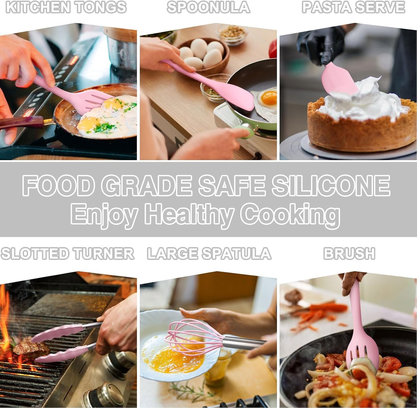 Umite Chef 22-Piece Silicone Cooking Utensils Set, Heat Resistant & Dishwasher Safe Kitchen Tools, Non-Scratch Spatula Set for Nonstick Cookware (Pink)