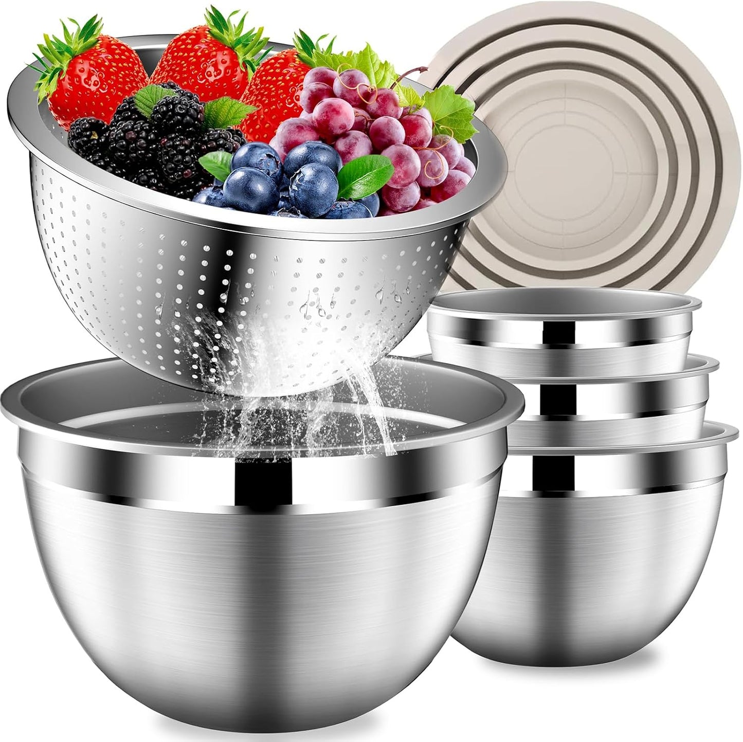 DUTZUN Mixing Bowls with Lids Set, Stainless Steel Mixing Bowls with Colander, Strainer with Mixing Bowl Set, Serving Bowl Kitchen Gift, Size 4.5, 2.5, 2, 1.5QT - Black