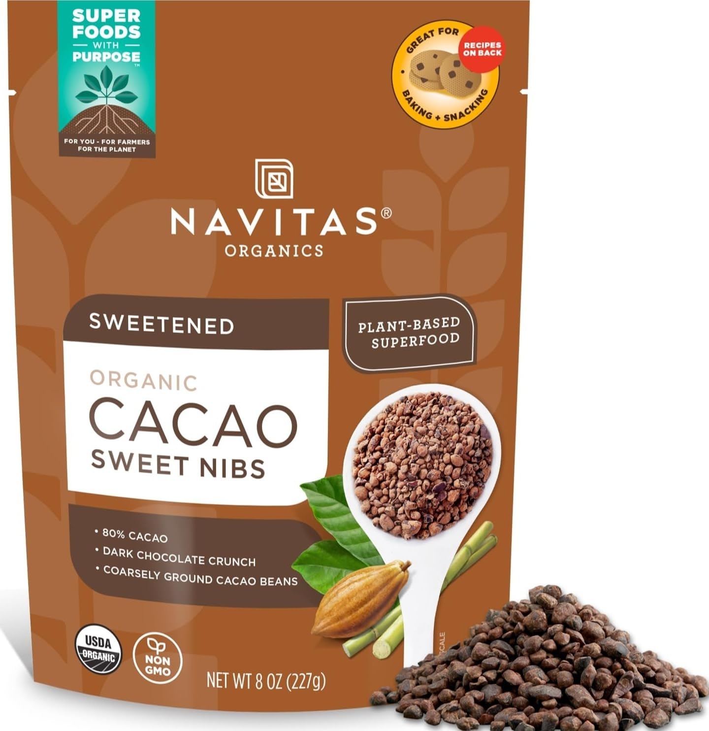 Navitas Organics Cacao Nibs – Unsweetened Dark Chocolate Crunch – Antioxidants, Minerals, Fiber – For Trail Mix, Baking & More – USDA Organic, Fairtrade, Non GMO, Gluten Free, Non-alkalized (16oz. Bag 151 Servings)
