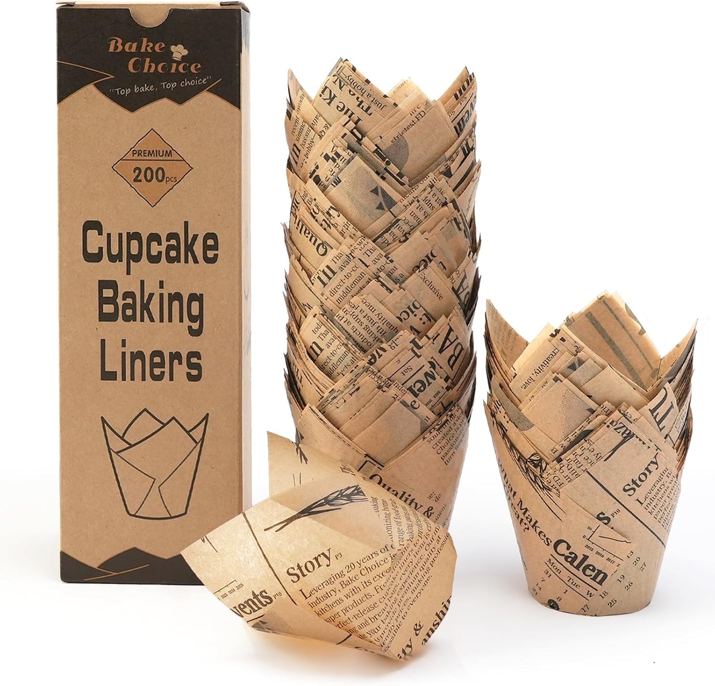 Bake Choice 200pcs Natural Tulip Cupcake Liners for Baking Muffin Liners | Unbleached European Parchment Paper, Heat-resistant, Greaseproof, Cupcake Wrapper for Party, Christmas, Gift