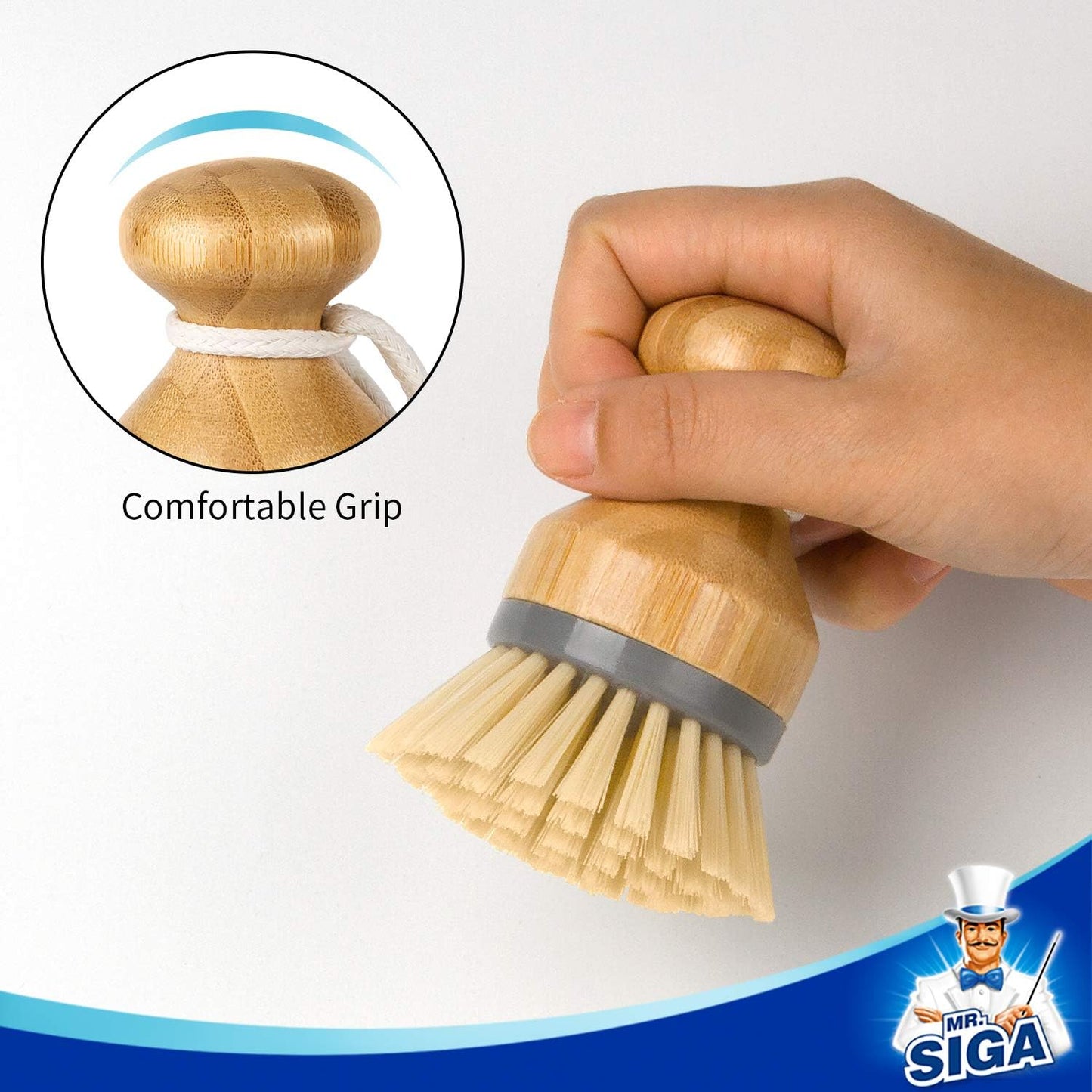 MR.SIGA Bamboo Palm Brush, Dish Scrub Brush, Bamboo Dish Brush, Pack of 2 | Scrub brush for dishes, pans, pots, kitchen sink cleaning, palm scrubber, palm scrub brush, dish scrubber