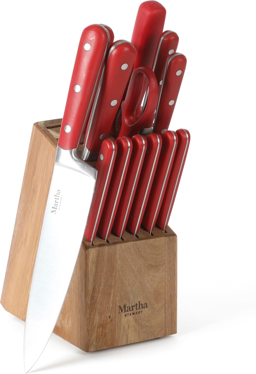 MARTHA STEWART Eastwalk 14 Piece High Carbon Stainless Steel Cutlery Kitchen Knife Block Set w/ABS Triple Riveted Forged Handle Acacia Wood Block - Linen White
