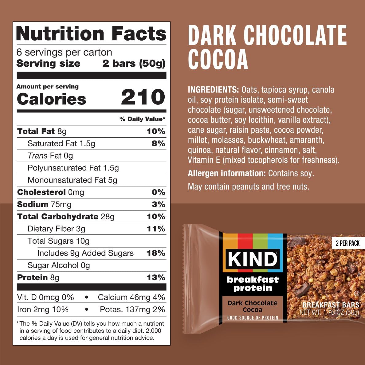 KIND Breakfast Protein Bars, Dark Chocolate Cocoa, Gluten Free, Low Sodium, 8g Protein, 30 Count