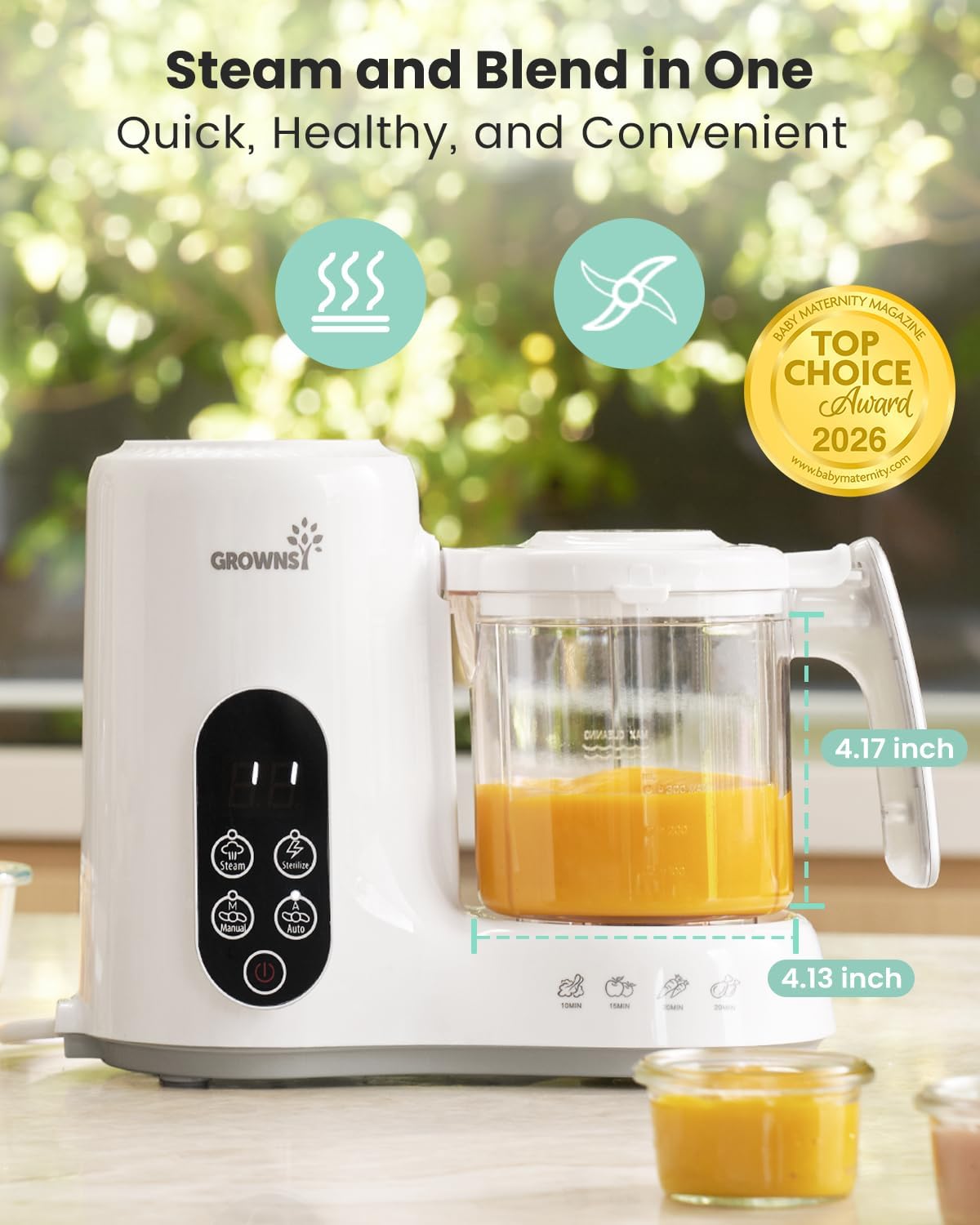 Grownsy Baby Food Maker, Steamer & Blender Baby Food Processor, White | BPA-Free Elevated Steam Basket, Healthy Homemade Baby Food Purees, Starting Solids & BLW, Baby Feeding Essentials, 6+ Months