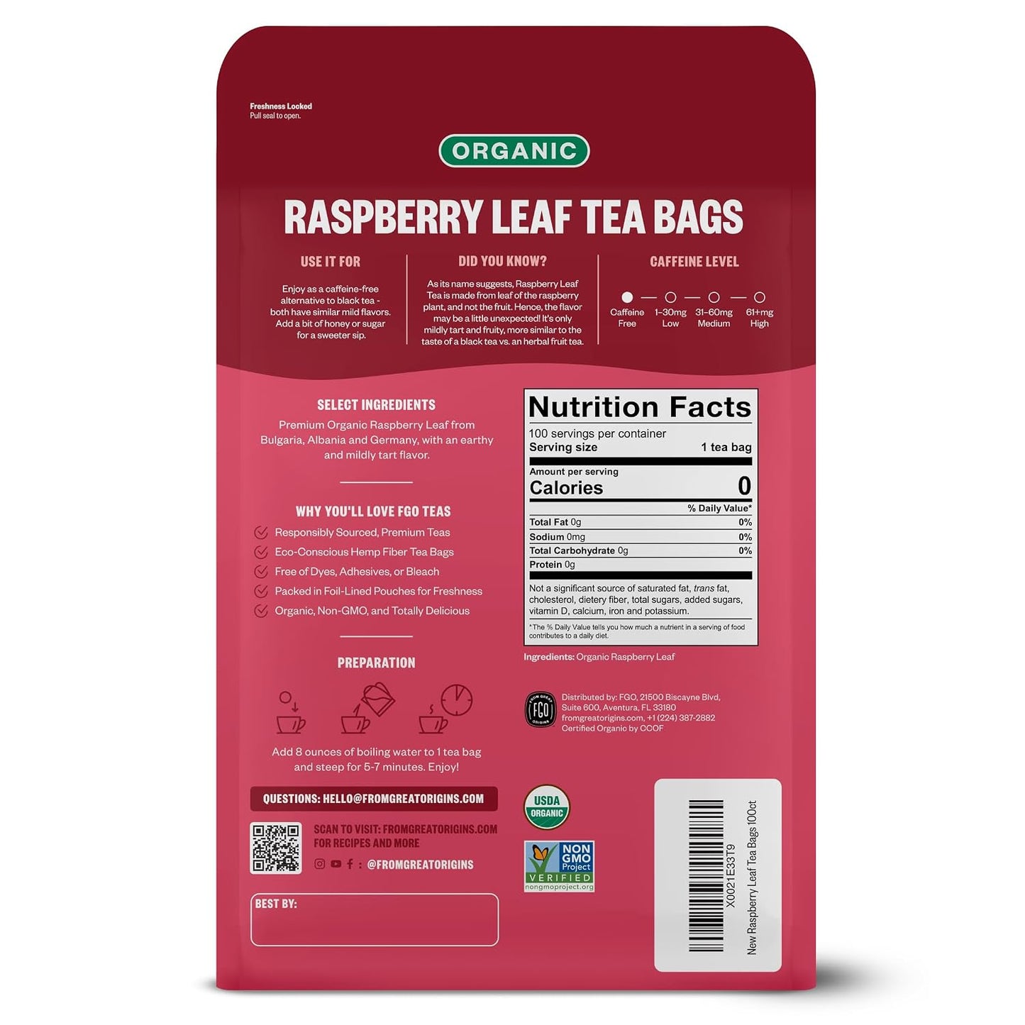 FGO Organic Red Raspberry Leaf Tea Bags, 100 Eco-Conscious Tea Bags, Caffeine Free, Imported from Germany