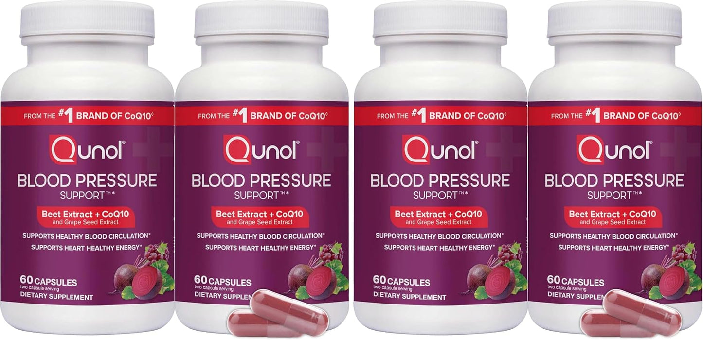 Qunol Blood Pressure Support, 3 in 1 Beets + CoQ10 + Grape Seed Extract, Beet Root Capsules that Supports Healthy Blood Circulation & Heart Healthy Energy, 60 Count (Pack of 1)