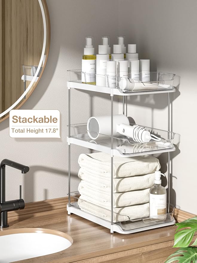 Delamu 2-Tier Multi-Purpose Bathroom Under Sink Organizers and Storage, Stackable Kitchen Pantry Organization, Pull Out Medicine Cabinet Organizer with Movable Dividers, White, 2 Pack