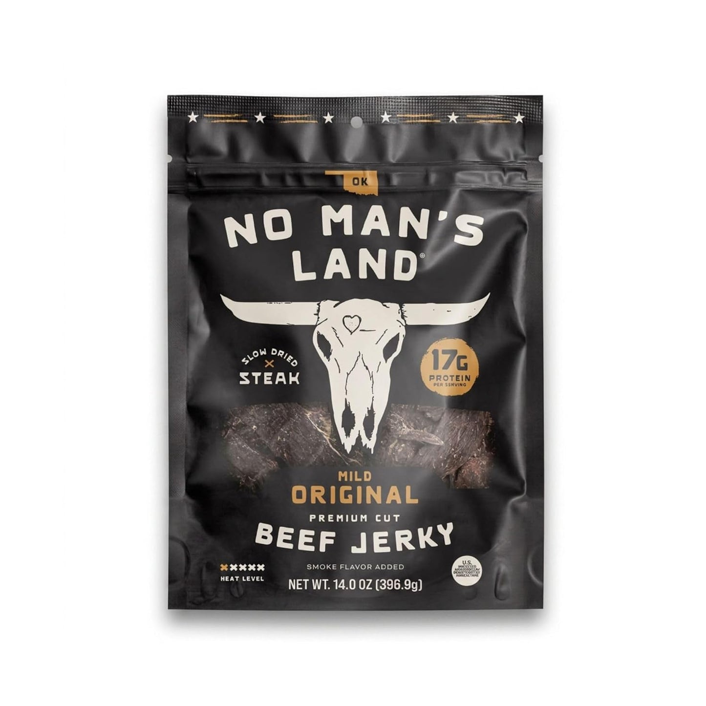 No Mans Land Slow-Dried Beef Jerky, Smoked & Seasoned Jerky Strips, High Protein, Low Carb Beef Snack, Gluten Free