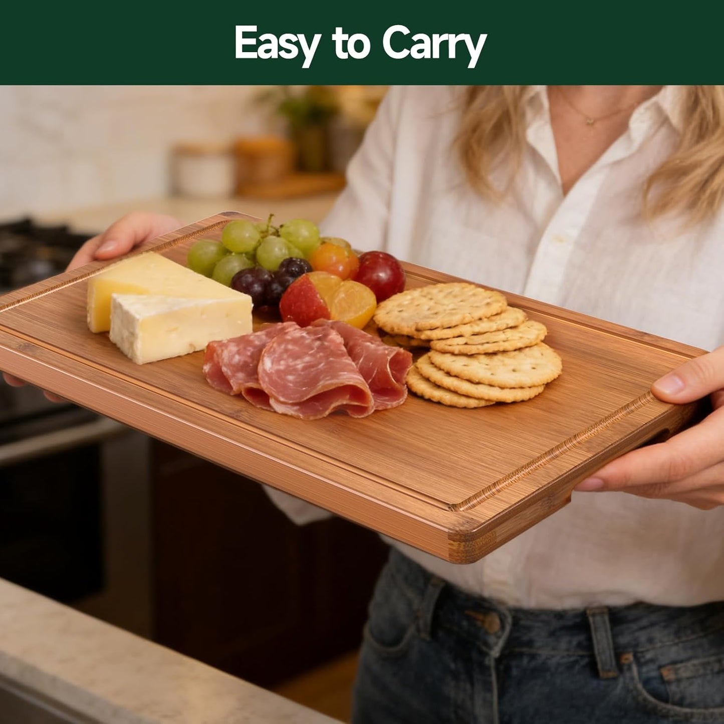 3-Piece Set Deep-Carbonized Bamboo Cutting Board for Kitchen - Crack-Resistant Wood Chopping Boards with Deep Juice Grooves, Pre-Oiled Butcher Block for Meat, Vegetables & Cheese, Carbonized