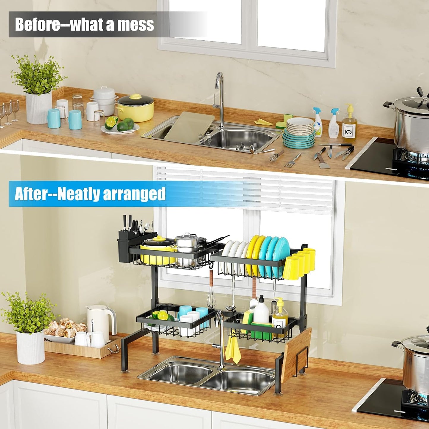 SNSLXH 4 Baskets 2-Tier Over The Sink Dish Drying Rack, 26.57"-35" | Large Dish Drying Rack for Kitchen, Extensible and Adjustable, Saving Kitchen Space