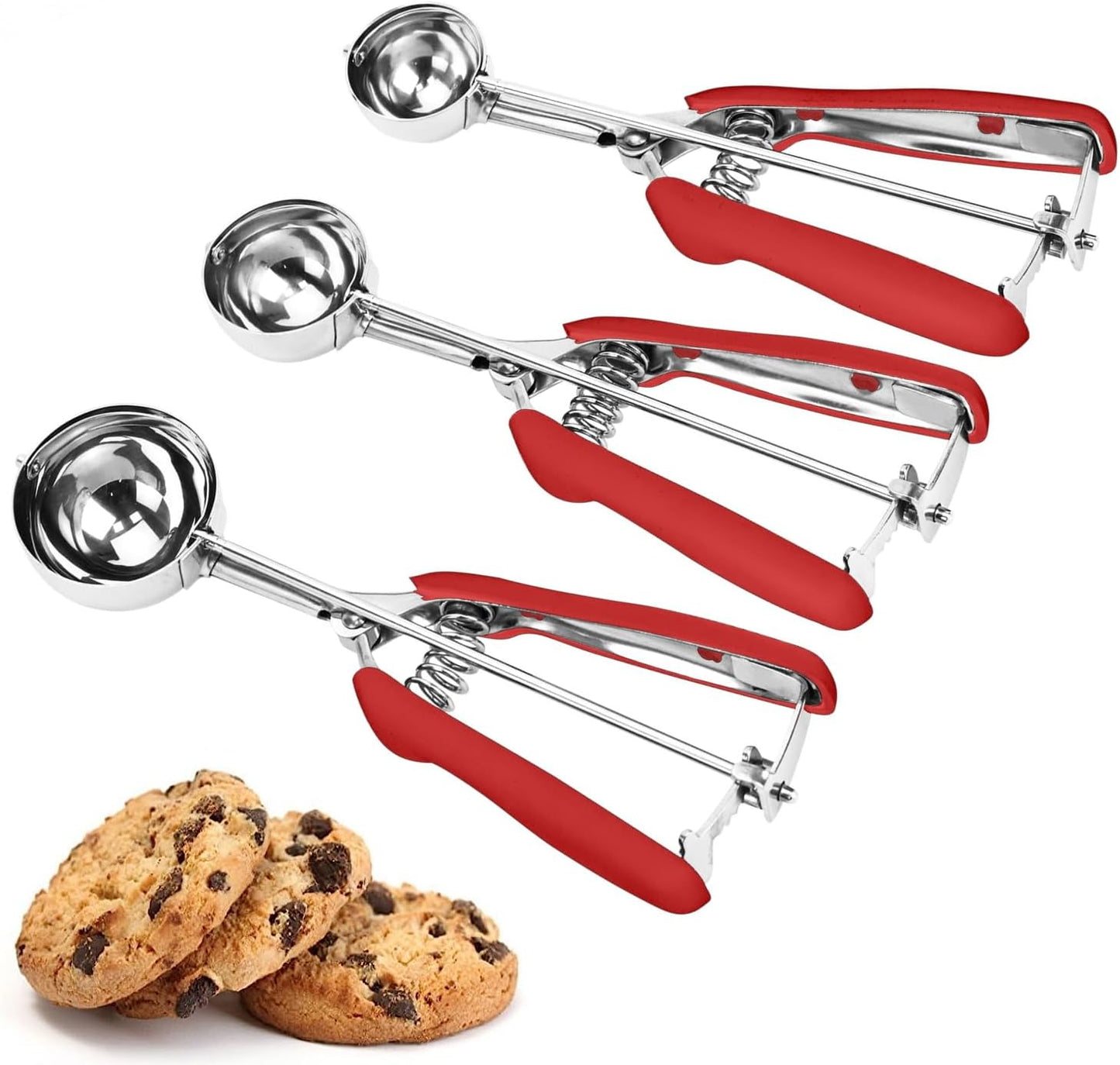 Cookie Scoop Set, 3Pcs Ice Cream Scoop, Cookie Scoops for Baking Set of 3, 18/8 Stainless Steel Cookie Scooper for Baking, Ice Cream Scooper with Trigger Release, Cookie Dough Scoop with Non-slip Grip