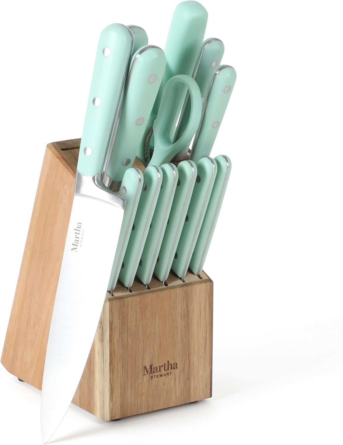 MARTHA STEWART Eastwalk 14 Piece High Carbon Stainless Steel Cutlery Kitchen Knife Block Set w/ABS Triple Riveted Forged Handle Acacia Wood Block - Linen White