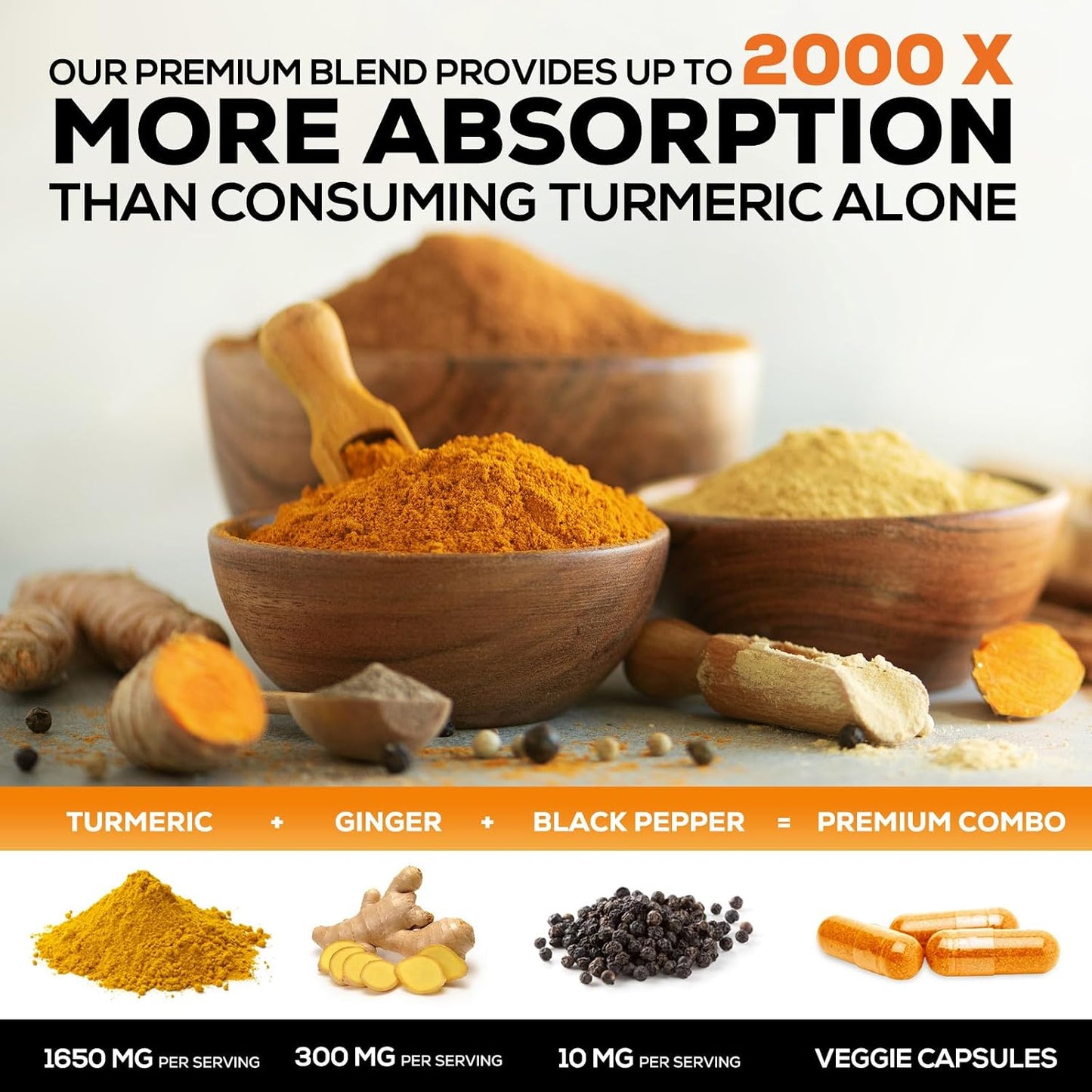 Turmeric Curcumin Supplement - 95% Curcuminoids with Organic Turmeric & Ginger, BioPerine Black Pepper Extract for Best Absorption, Natural Vegan Joint Support, Non-GMO, Bottled in USA - 240 Capsules
