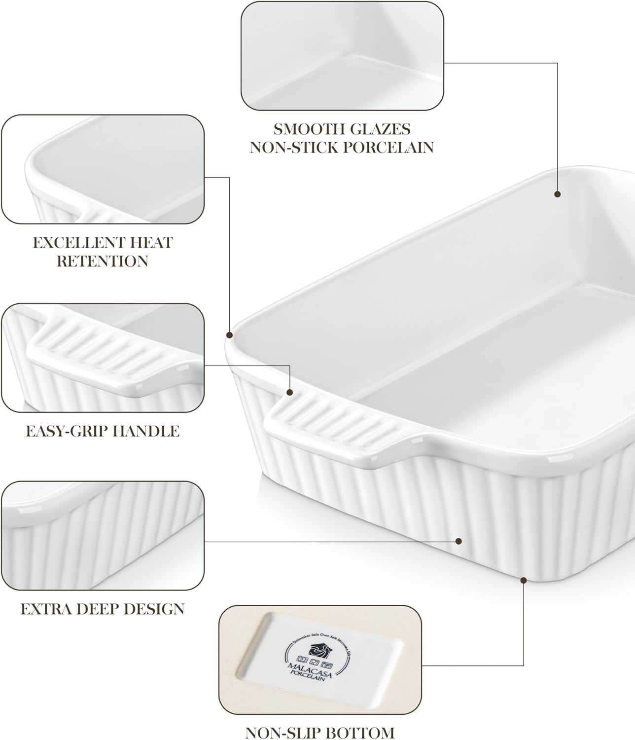 MALACASA 4.4QT Ceramic Casserole Dishes for Oven, 9x13 Baking Dishes, White | Rectangular Lasagna Pan with Handles, Ceramic Baking Dish, Deep Roasting Pan, Microwave and Dishwasher Safe, Wedding Gift