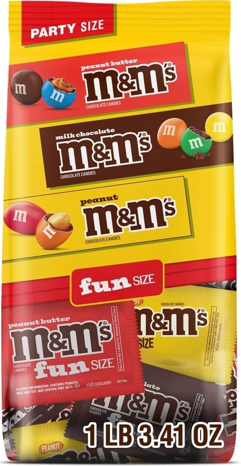 M&M'S Milk Chocolate, Peanut & Peanut Butter Fun Size Variety Pack, Party Size, 19.41 Oz Bulk Candy Bag