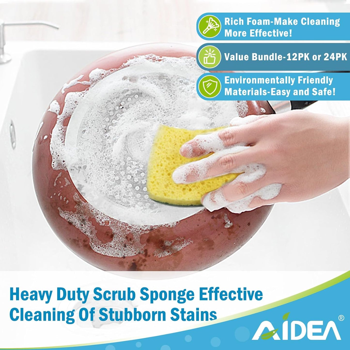 AIDEA Sponges Kitchen, Heavy Duty Scrub Sponge-24Count, Sponges for Dishes | Cellulose Dish Sponge, Scrubbing Power for Tough Messes, Cleaning Sponges for Non-Coated Cookware, Dishes, Pots, Pans