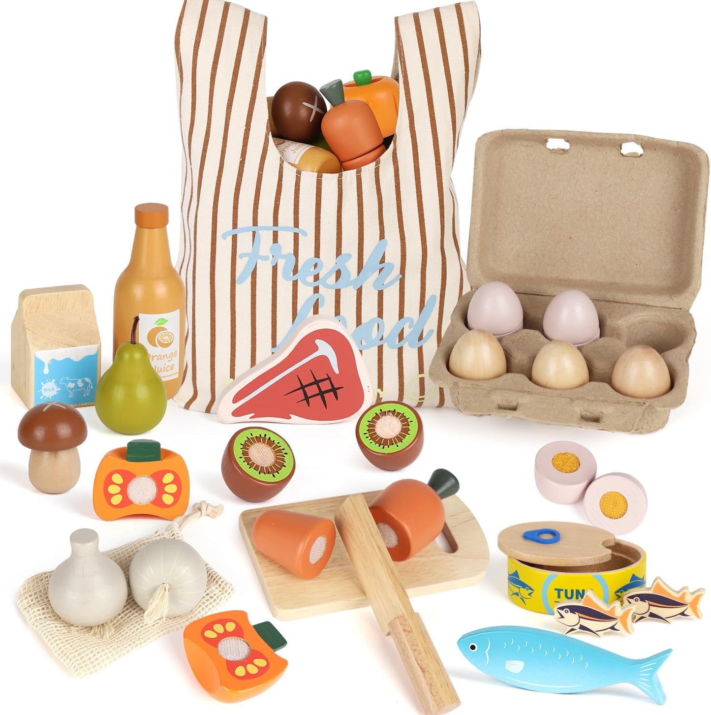 Lehoo Castle Wooden Play Food Sets for Kids Kitchen, Grocery Food Toys for Toddlers 3+ Year Old, Cutting Fruits Vegetables Meat Fish Shopping Bag, Pretend Play Kitchen Accessories Gift for Boys Girls