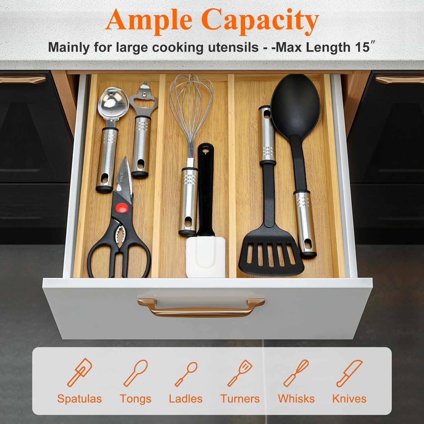 Large Bamboo Kitchen Utensil Drawer Organizer Expandable Silverware Tray | Big Cooking Utensil Drawer Divider Spoon Flatware Organizer Storage Adjustable Wooden Cutlery Holder Tool Knife Spatula Tray