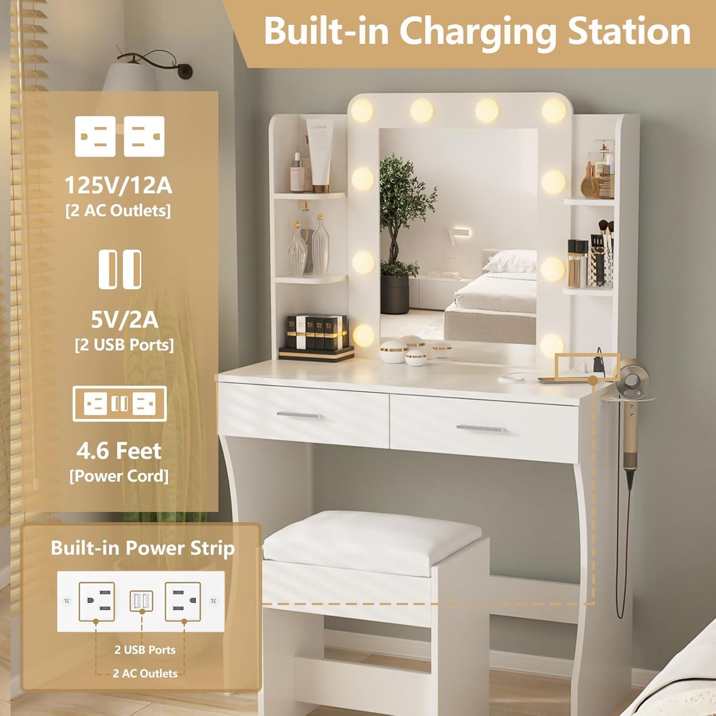 Vabches Vanity Desk with Lights,Makeup Vanity with Power Strip,Dressing Table Set with 2 Large Drawers,Vanity Mirror 3 Lighting Color Adjustable,White