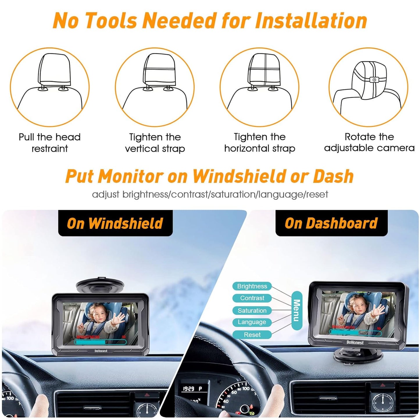 DoHonest Baby Car Camera HD 1080P - Rear-Facing Car Baby Monitor with Night Vision, Adjustable View Angle, Easy Setup, Anti-Glare Display, Safety for Kids & Infants