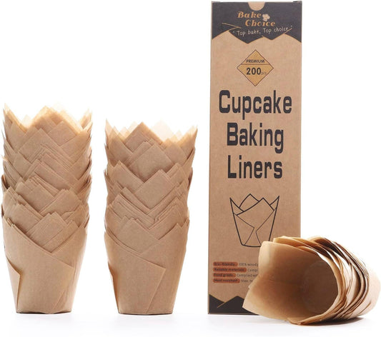 Bake Choice 200pcs Natural Tulip Cupcake Liners for Baking Muffin Liners | Unbleached European Parchment Paper, Heat-resistant, Greaseproof, Cupcake Wrapper for Party, Christmas, Gift