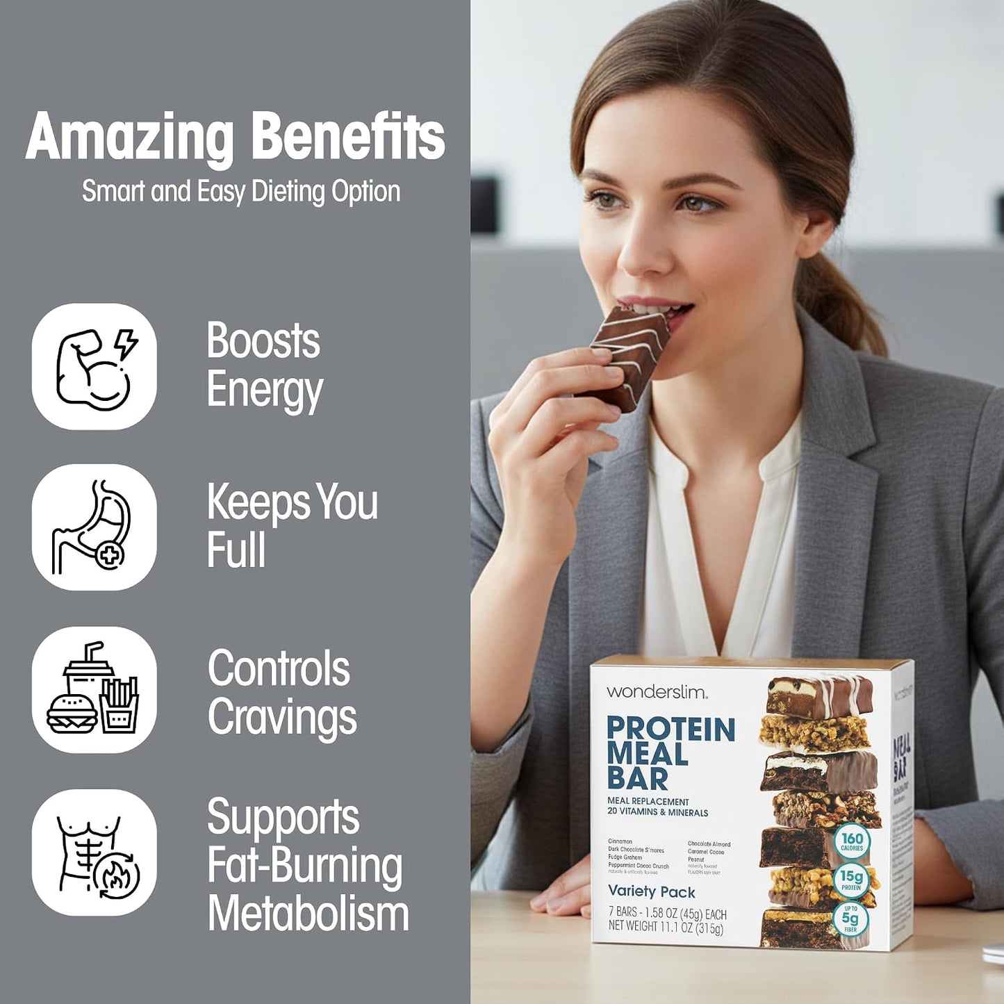 WonderSlim Meal Replacement Protein Bar Variety Pack 15g Protein 20 Vitamins and Minerals