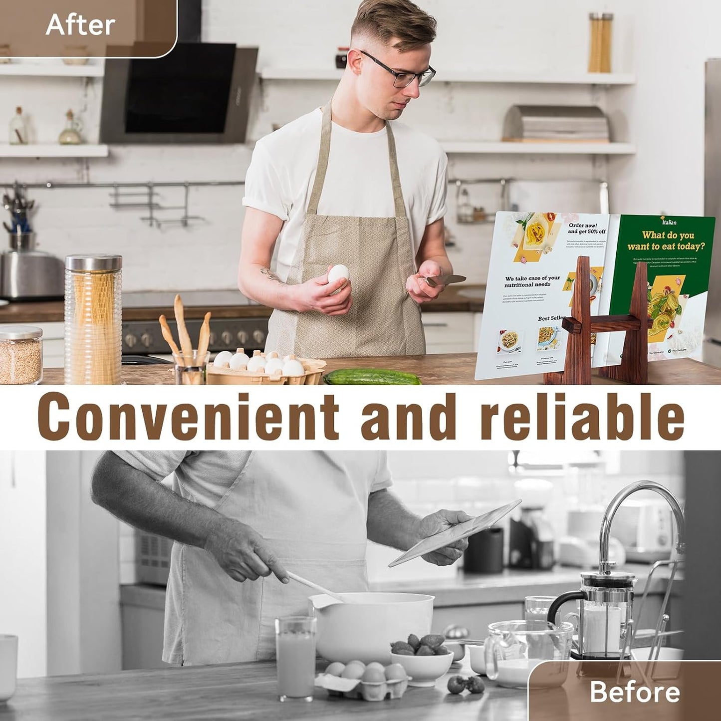 DEBETOOL 8.8" Wooden Cookbook Stand for Kitchen Counter, Rustic Brown | Multifunctional Recipe Book Holder & Tablet Stand for Desktop Reading