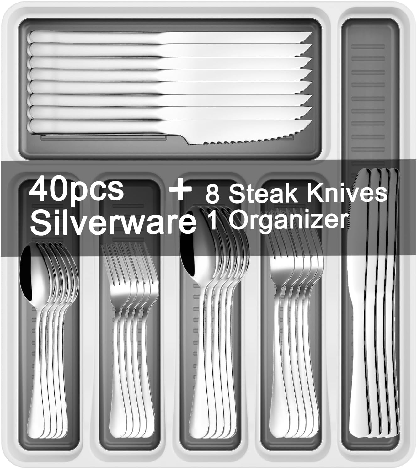 49-Piece Silverware Set with Organizer, Stainless Steel Flatware Utensils Set for 8, Forks and Spoons Silverware Set Cutlery Set with Steak Knives, Dishwasher Safe