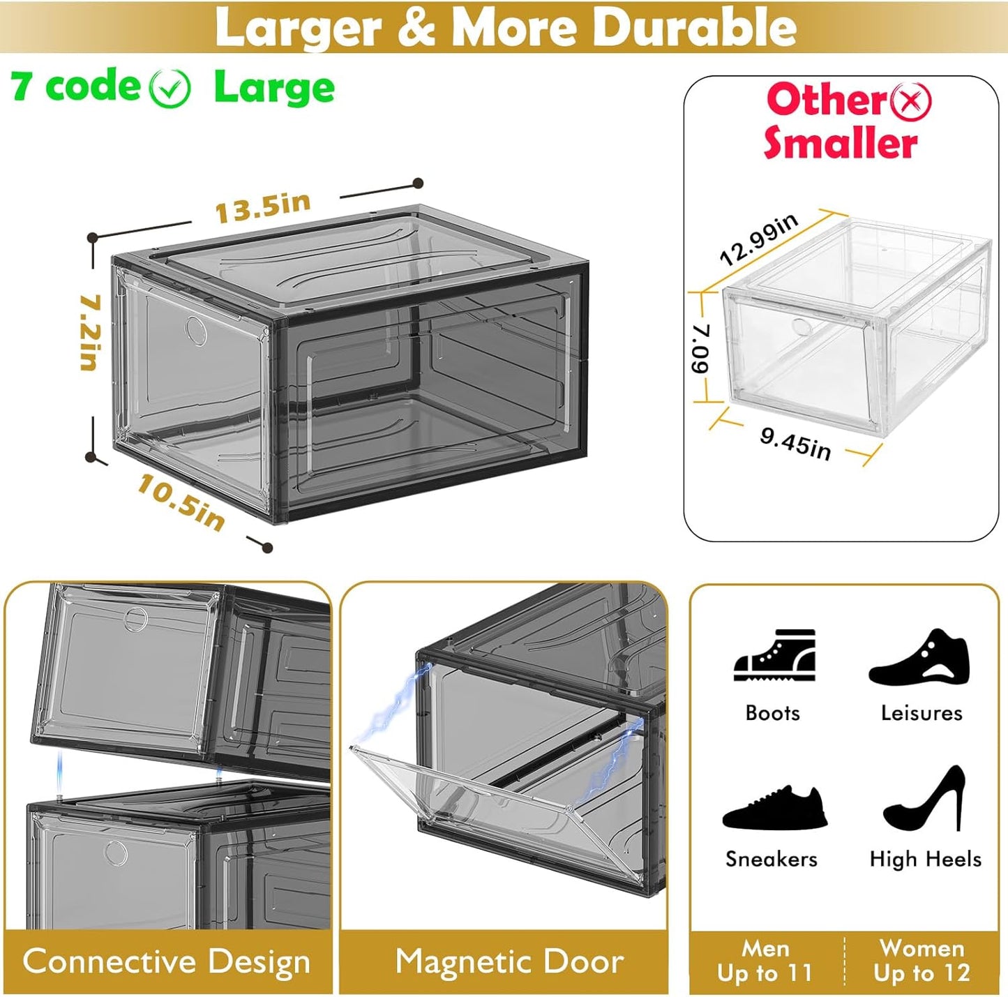 7 code Thicken & Sturdy Clear Shoe Storage Organizer with Magnetic Door, Stackable Boxes for Closet, Foldable Shoe Rack for Sneaker Boot Container, Plastic Shoe Cabinet Shoe Box 6 Pack, Black
