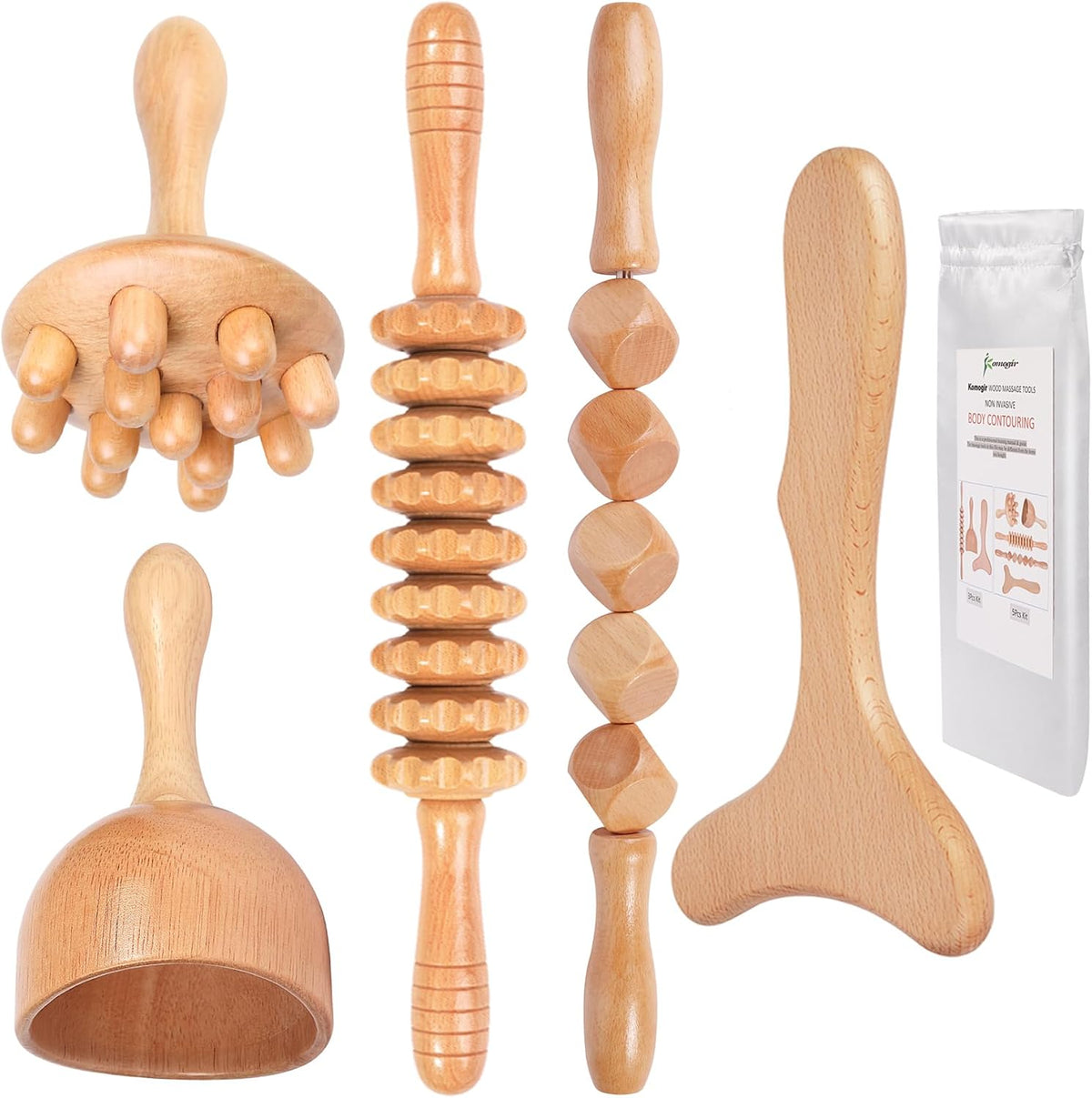 Komogir Wood Therapy Massage Tools 5-in-1 Lymphatic Drainage Massager Kit