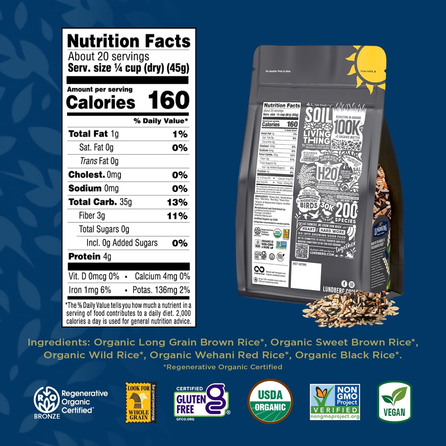 Lundberg Regenerative Organic Wild Blend Rice - Brown, Red & Black, 32 Oz