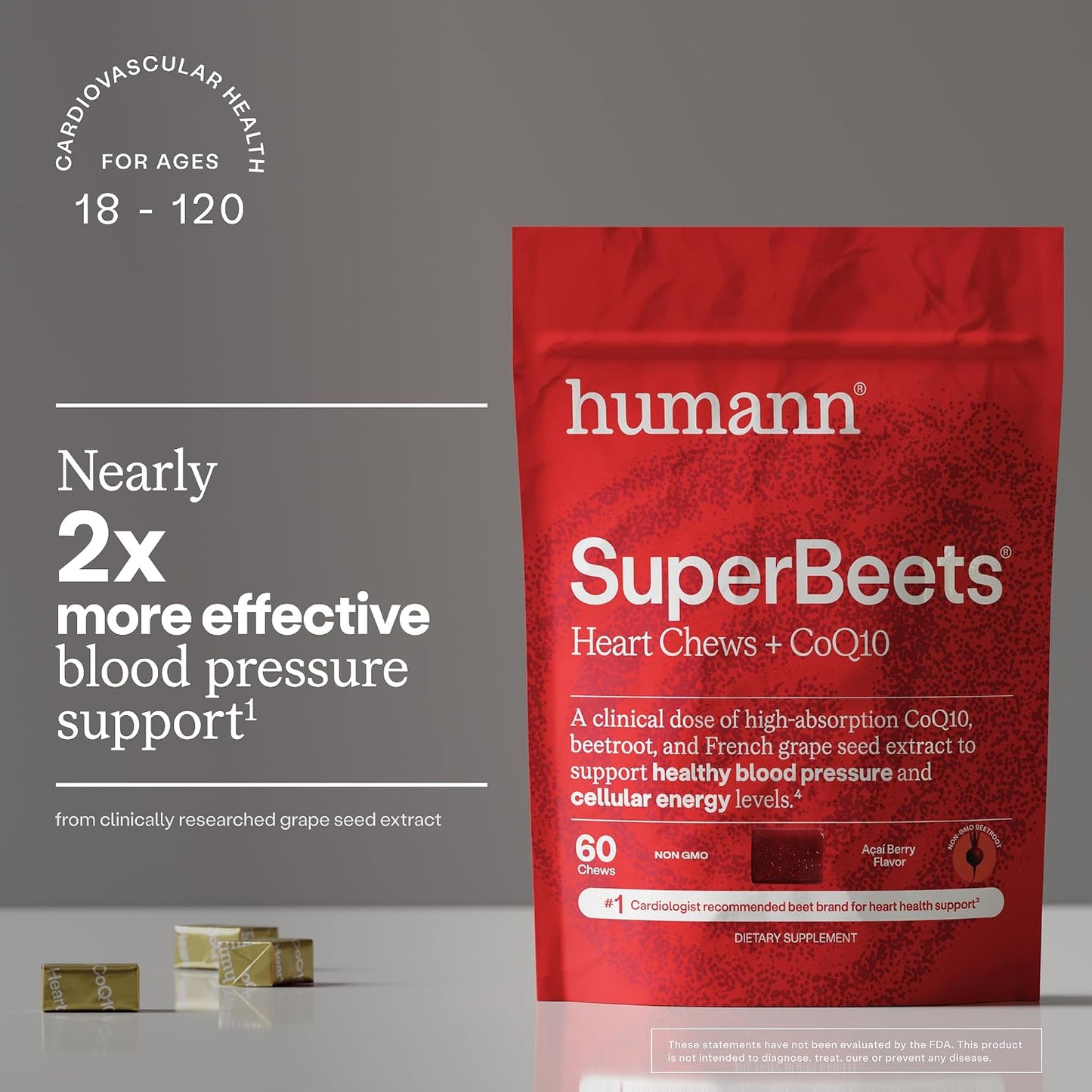 HumanN SuperBeets 3-in-1 Heart Chews with CoQ10 and Beetroot