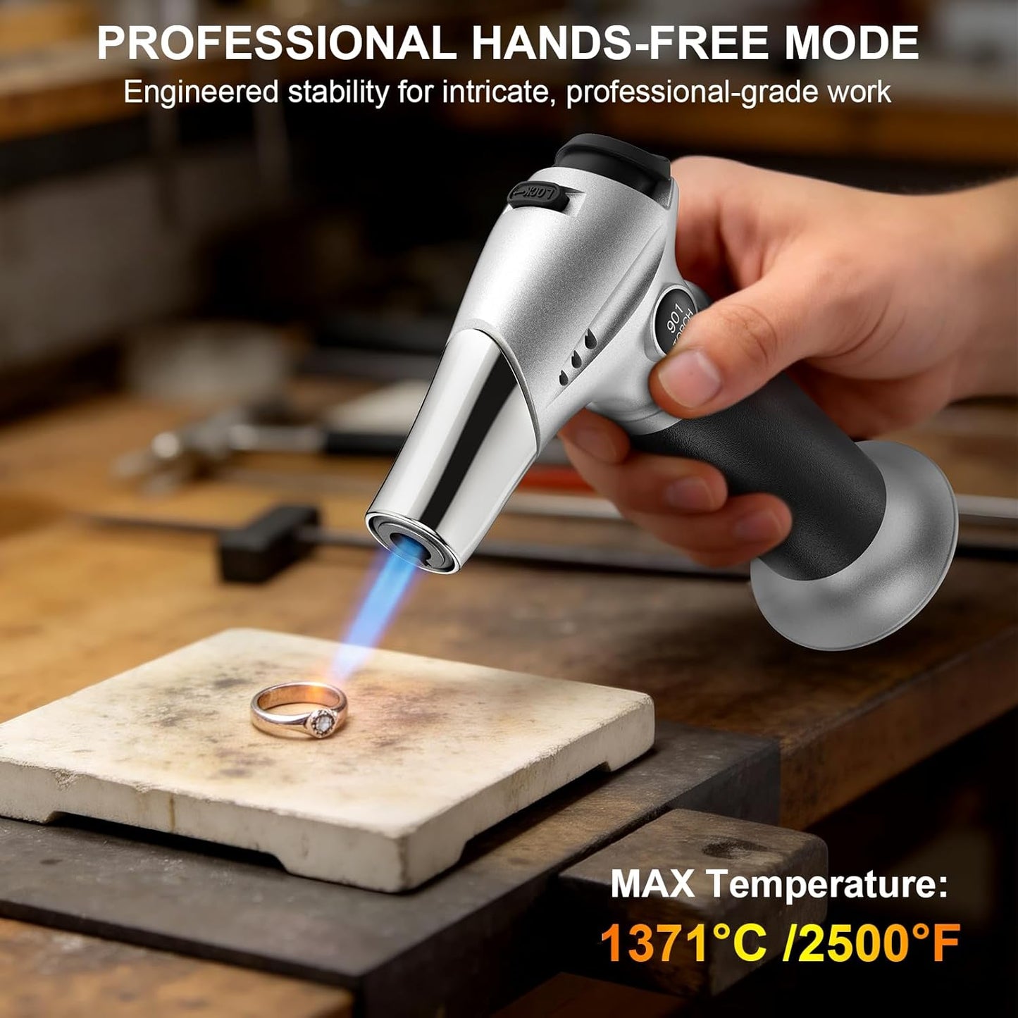 TBTeek Kitchen Butane Torch with Safety Lock for Baking, Crafts & Steak | 2500°F Adjustable Continuous Flame, One-Button Piezo Ignition, Ergonomic Comfort Grip, 3 refill adapters(Butane Not Included)