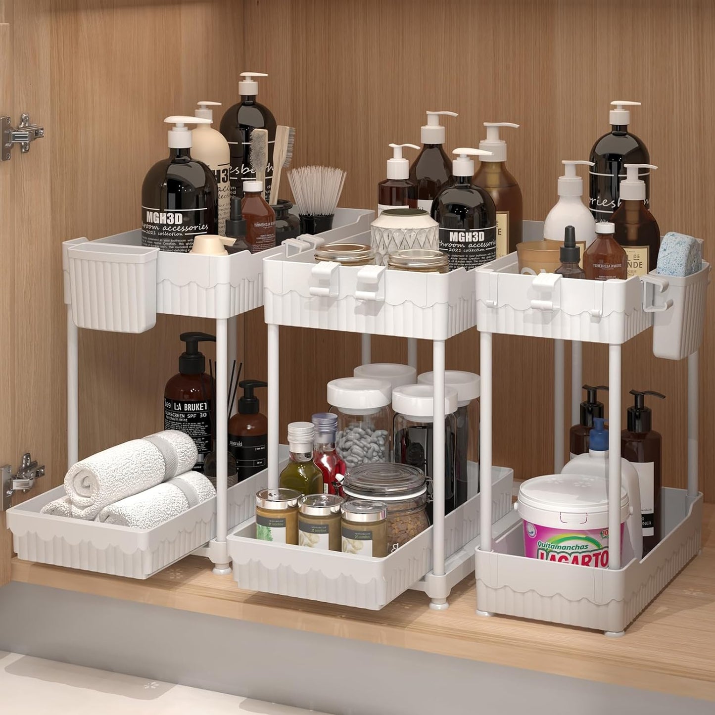 Sevenblue 3-Pack 2-Tier Under Sink Organizers with Sliding Drawers | Multi-use kitchen & bathroom storage, 12.8 inch black cabinet organizer, space-saving sliding drawer design.