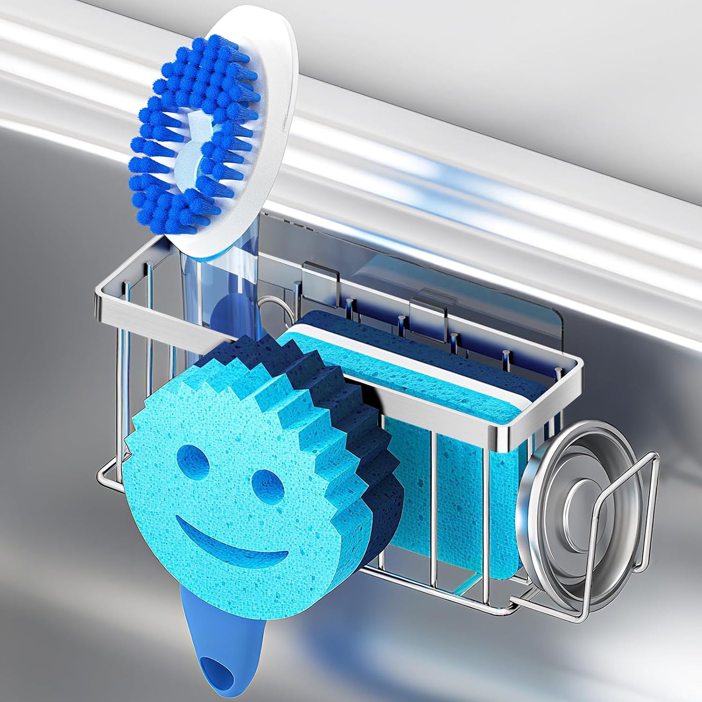 MURLONG Sponge Holder for Kitchen Sink,Sink Caddy Smiley Face,4-in-1 Sponge Holder with Suction Cups & 1 PCS Adhesive Strips for Holding Soap,Brush,Scrubber,Sponge,Stopper-Black