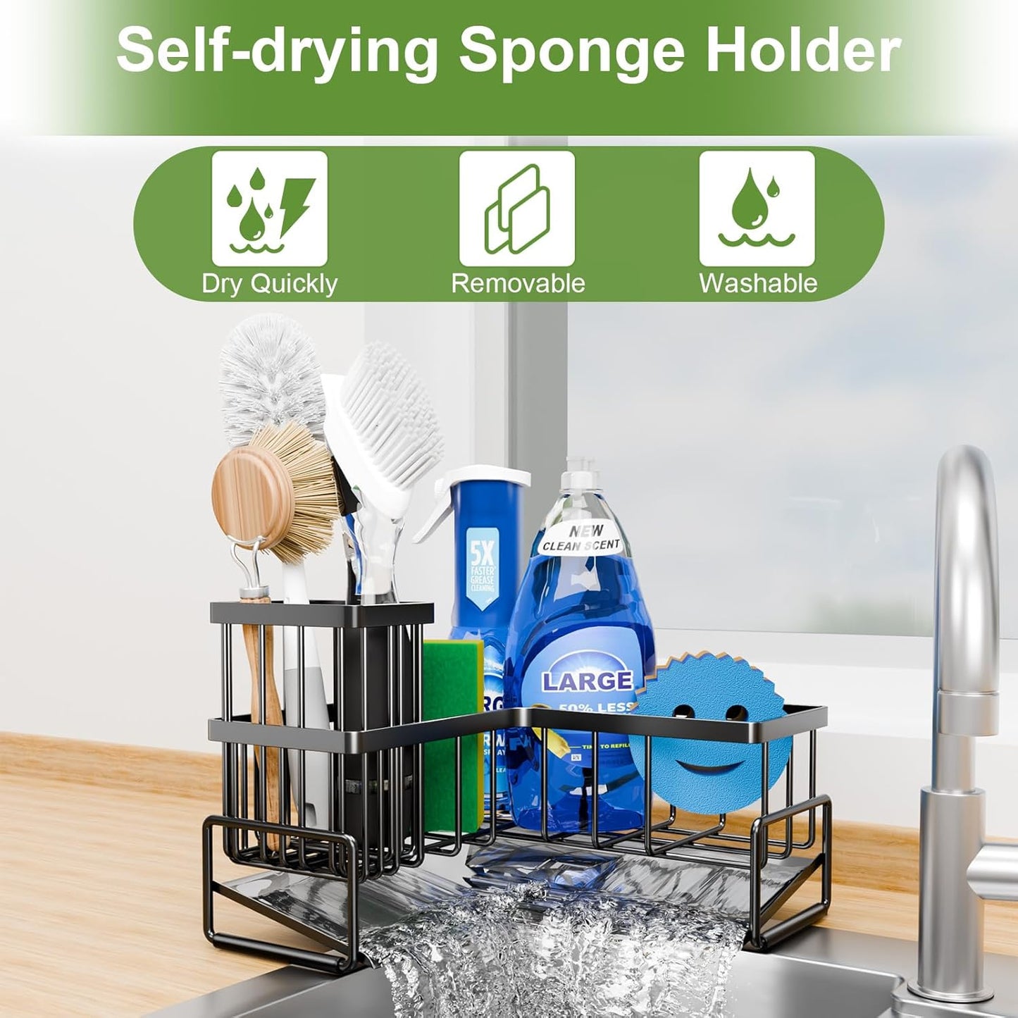Fikoksol Large Sponge Holder for Kitchen Sink, 90-Degree Sink Caddy Storage | Self Draining Sponge Rack for Countertop, Metal L-Shaped Dish Soap Organizer with Brush Holder, Corner Sink Storage Ideas